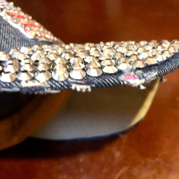 PATRIOTIC DENIM BASEBALL HAT CAP AMERICAN FLAG WITH RHINESTONES DIAMOND ACCENT - Picture 14 of 14